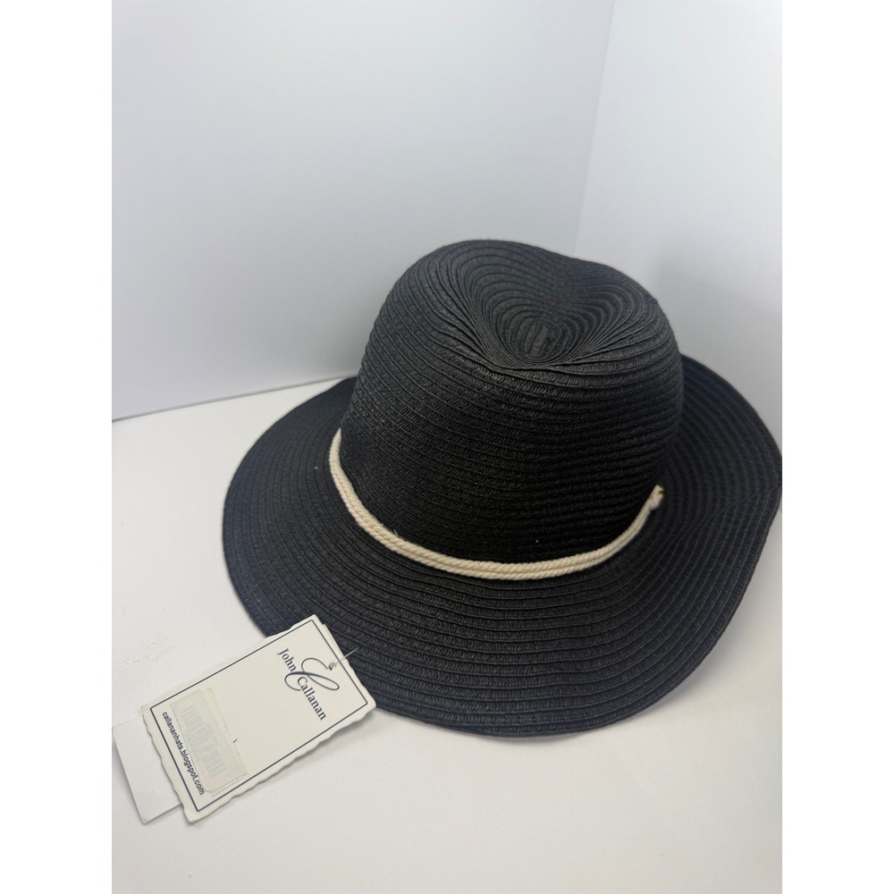 John Callanan Permanent Vacation Black/Blue Straw Sun Hat Rope Fish Hook Accent